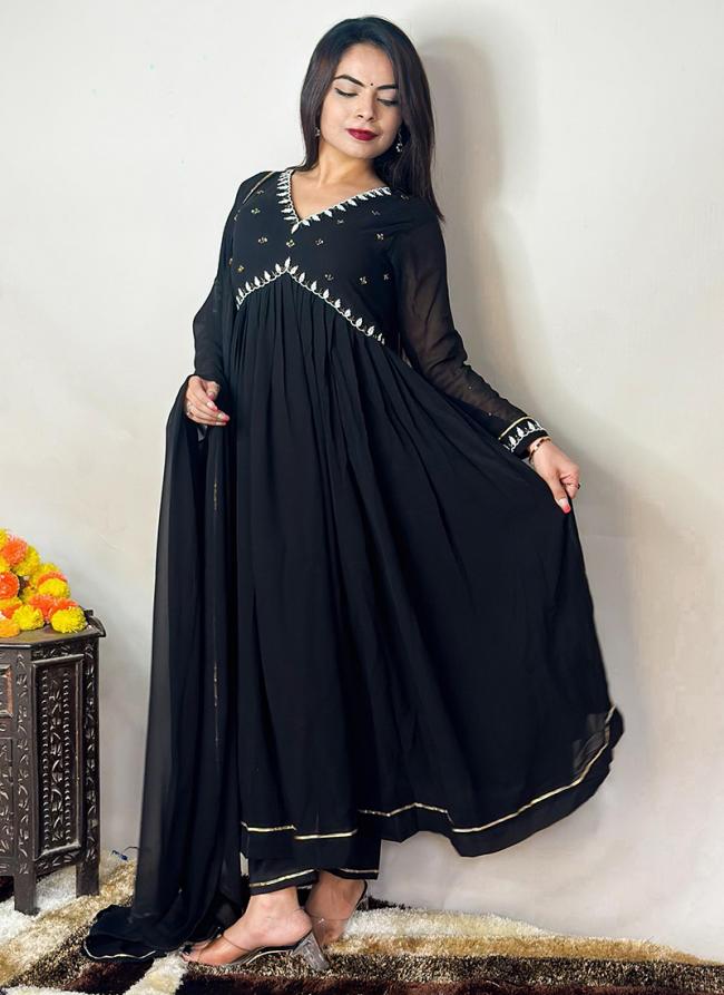 Georgette Black Eid Wear Lace Work Readymade Anarkali Suit